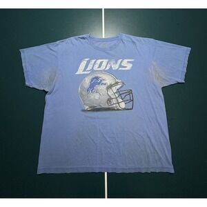 Vintage Detroit Lions Helmet Football Graphic T Shirt Size XL Blue Reebok Flaws*